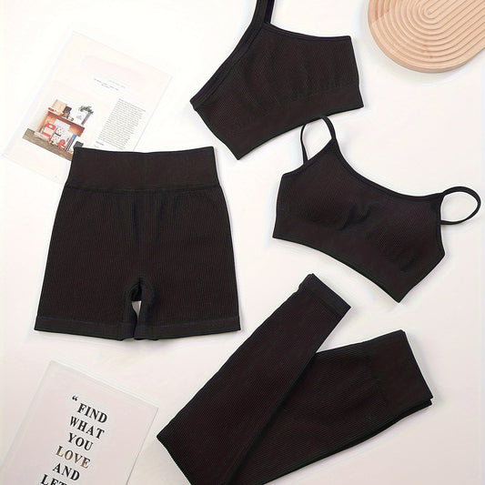 4pcs Yoga Workout Set One Shoulder Sports Top, Cami Top, Shorts, Leggings