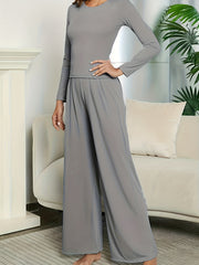 Lounge Solid 2pc Set Slim Long Sleeve T shirt & Wide Leg Pants
