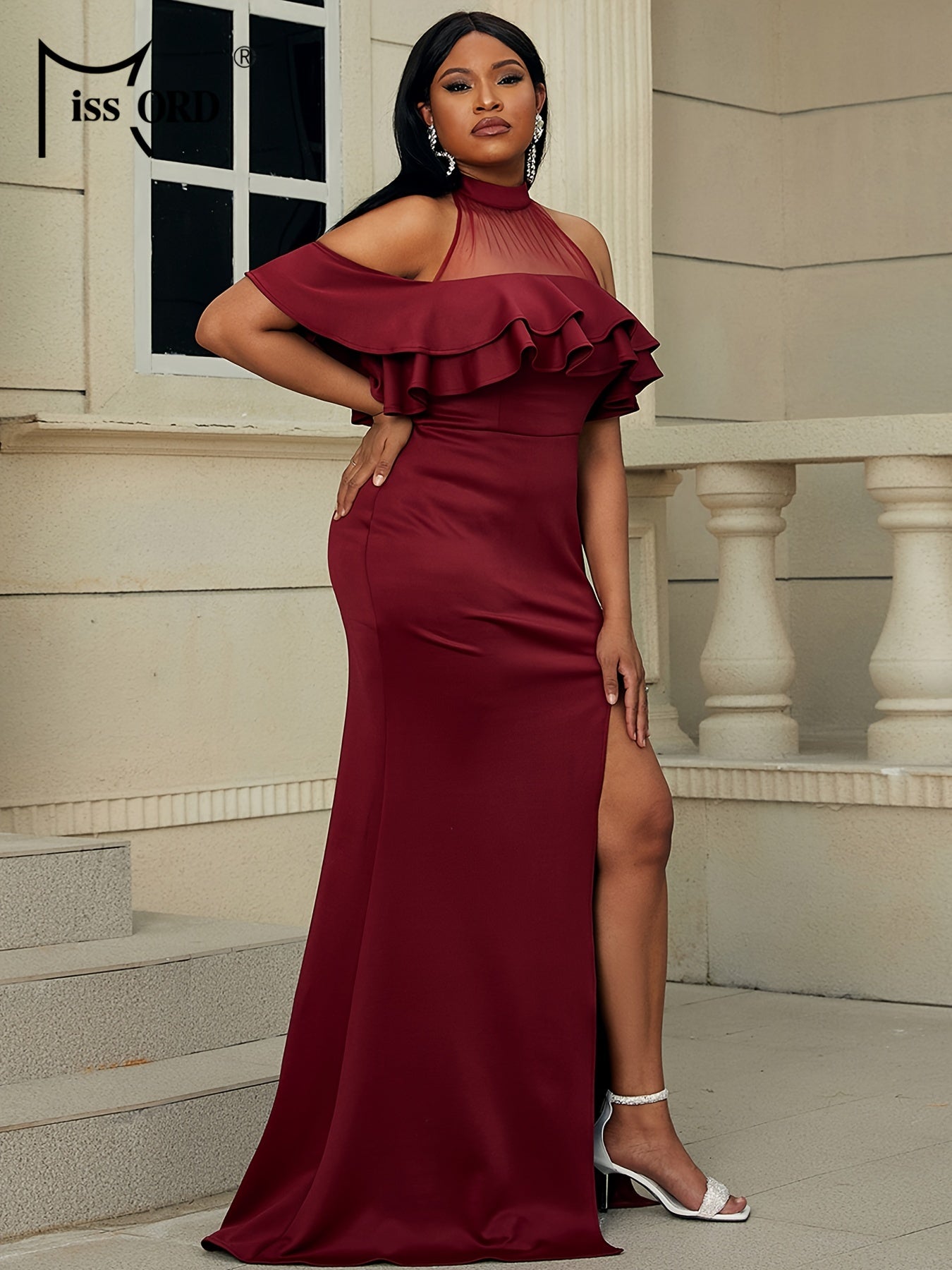  Contrast Mesh Off Shoulder Ruffle Trim Maxi Dress