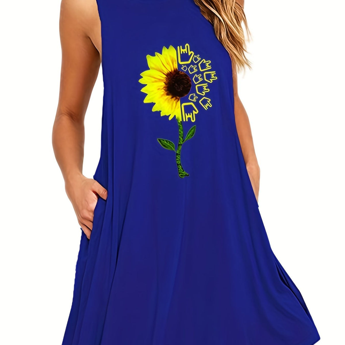  Sunflower Print Tank Dress with Pockets