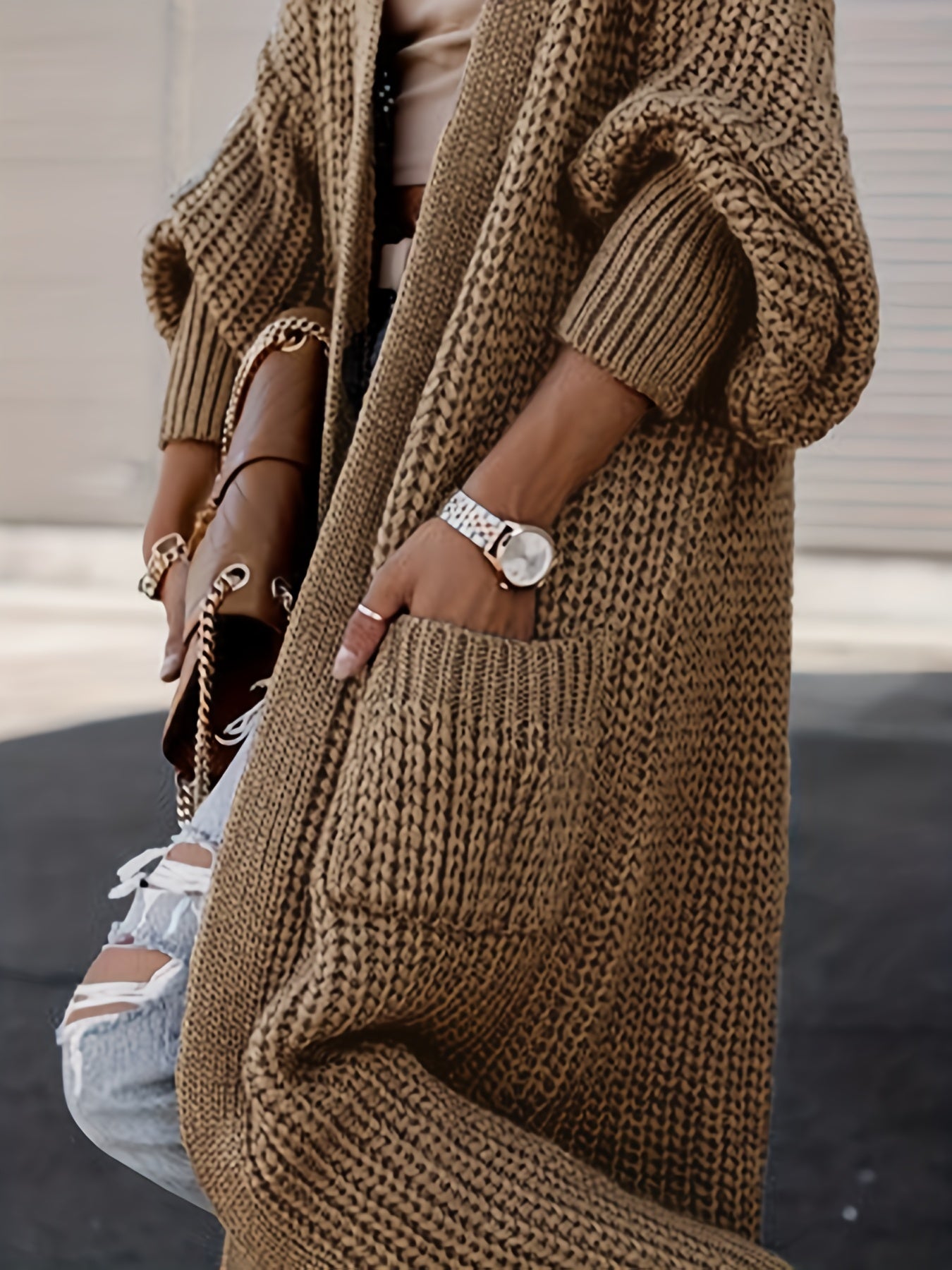  Solid Long Sleeve Open Front Cardigan With Pockets
