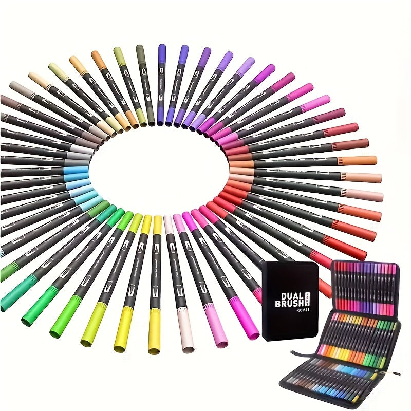 60 Dual Tip Brush Pens Set Fast Drying Water-Based Ink Markers for Adults