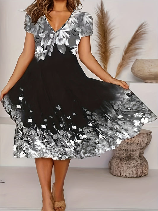Floral Print V Neck Dress for Women Plus Size