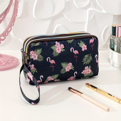 Tropical & Flamingo Print Long Wallet With 3 Zippers Roomy Makeup Pouch Bag