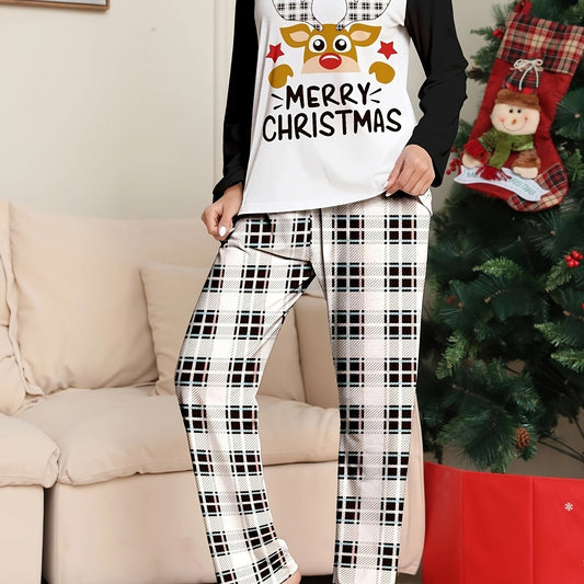  Christmas Pajamas Set Women's Elk & Slogan Tee & Plaid Pants Two Piece