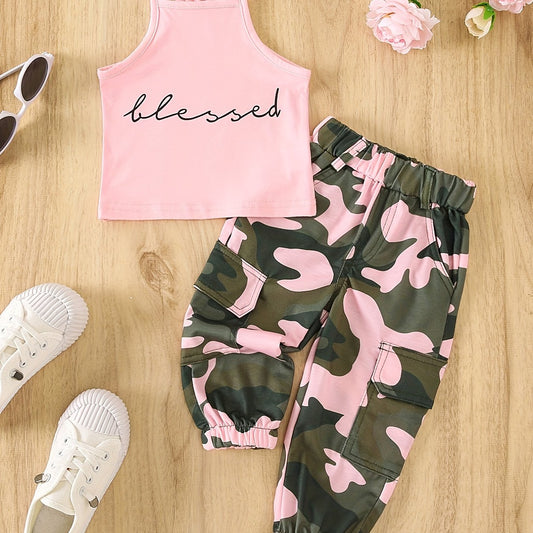 Girls Letter Halter Top & Camouflage Cargo Pant Set Summer Clothes