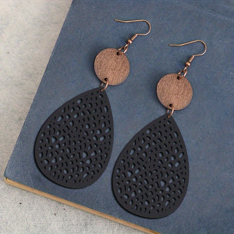 Hollow Leaf PU Leather Earrings Party Vacation Gift