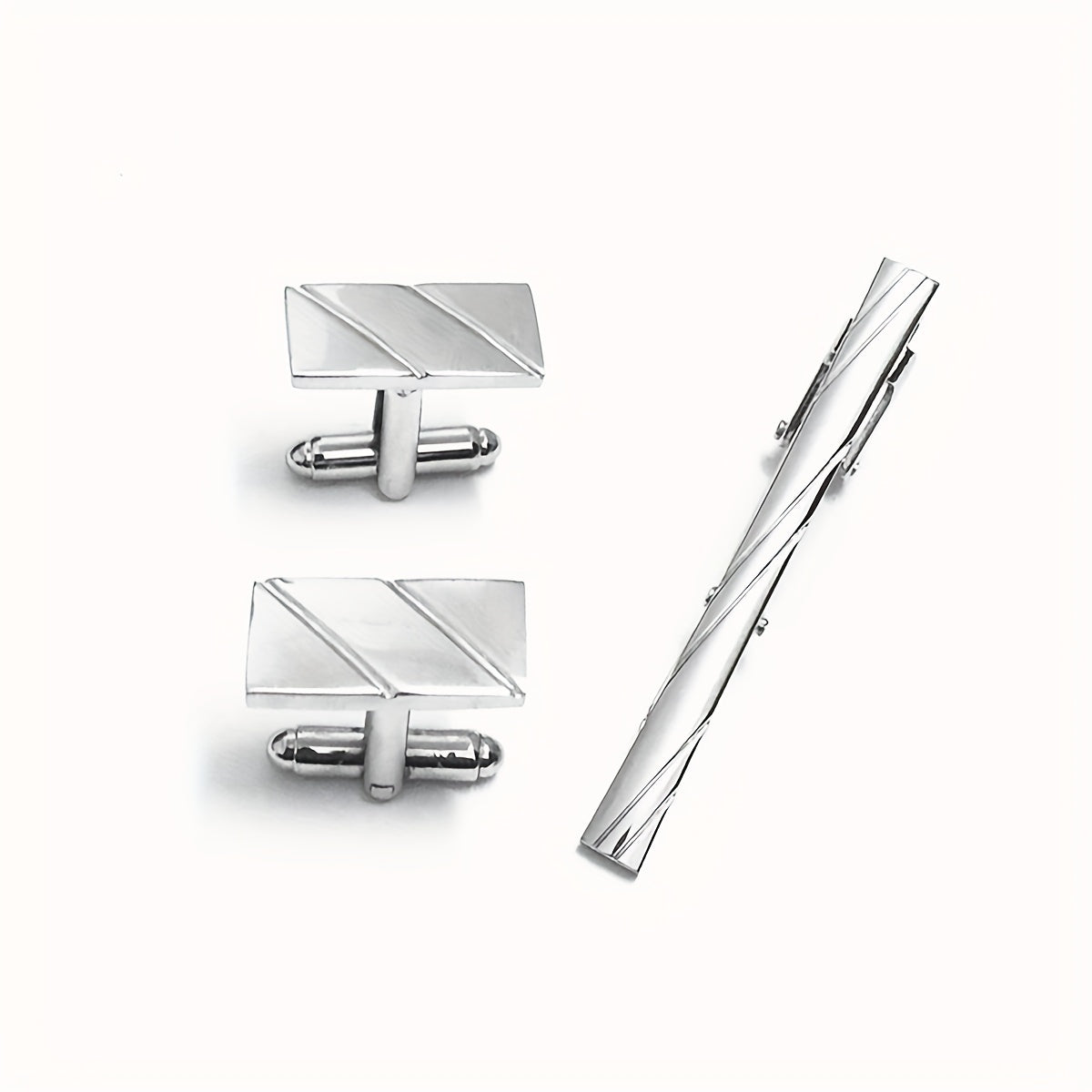 Glossy Laser Cutting Line Tie Clip Cufflinks Set