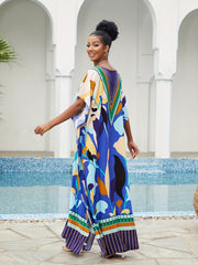  Boho Cover Up Women's Plus Abstract Print Bat Sleeve V Neck Loose Maxi