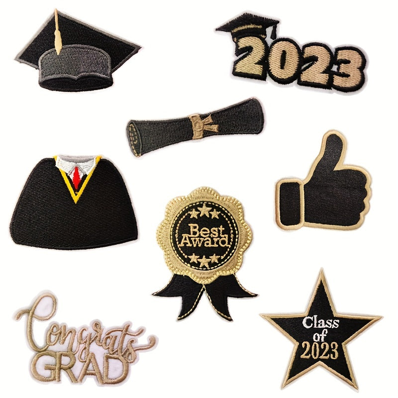 8pcs Graduation Iron On Sew On Patches Embroidered Applique DIY Crafts