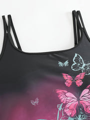  Ombre & Butterfly Print Lace Up Tankini Set