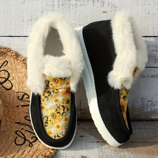 Sunflower Print Furry Snow Boots Plush Lined Warm Loafers