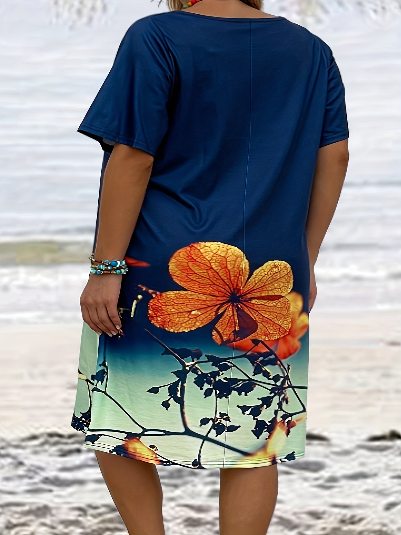  Floral Print Short Sleeve Tee Dress With Pockets