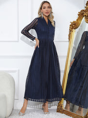  Solid Lace Houndstooth Dress Long Sleeve Lapel Collar Button Decor