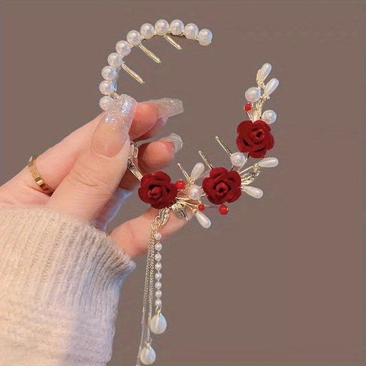 Vintage Red Rose Bun Buckle Tassel Hair Clip for Women Girls