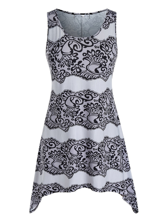 Paisley Print Tank Top Plus Size High Stretch Casual Round Neck Irregular Trim