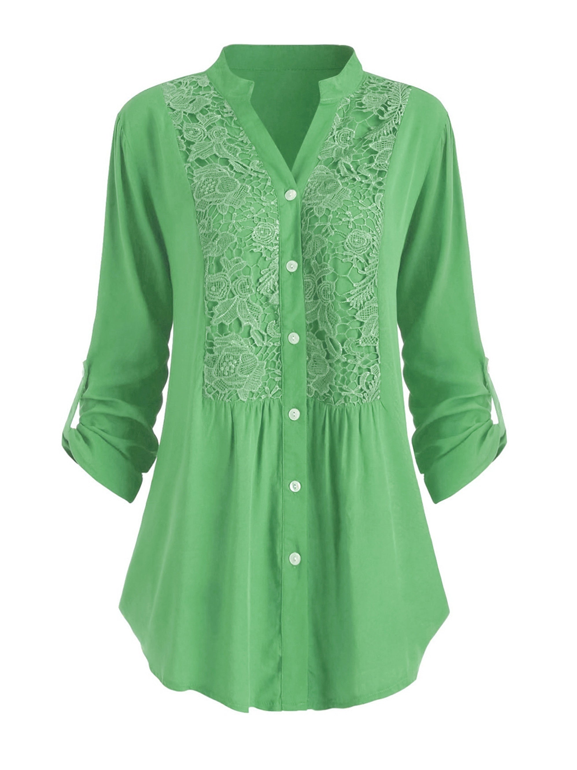  Solid Button Up Lace Panel Blouse