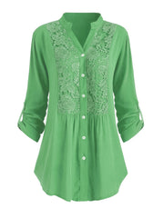  Solid Button Up Lace Panel Blouse