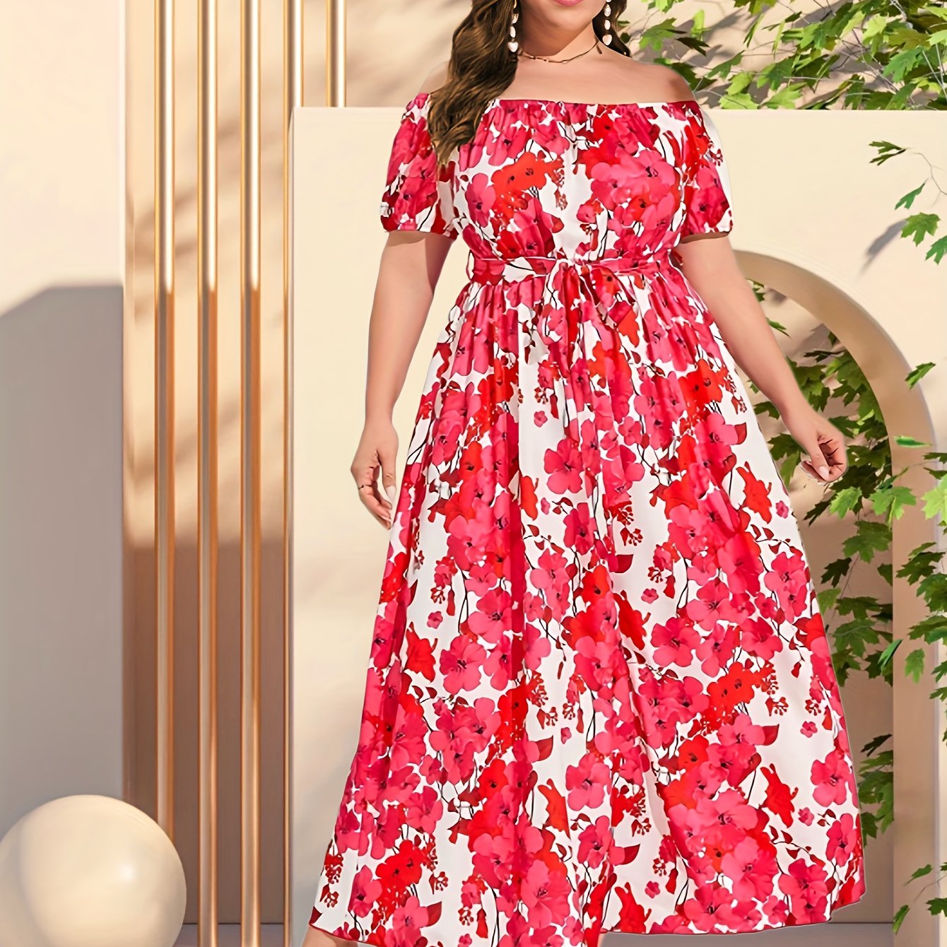 Floral Print Off Shoulder Maxi Dress With Belt