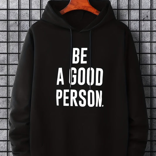 Good Person Men's Letter Print Hoodie Casual Drawstring Hooded Sweatshirt