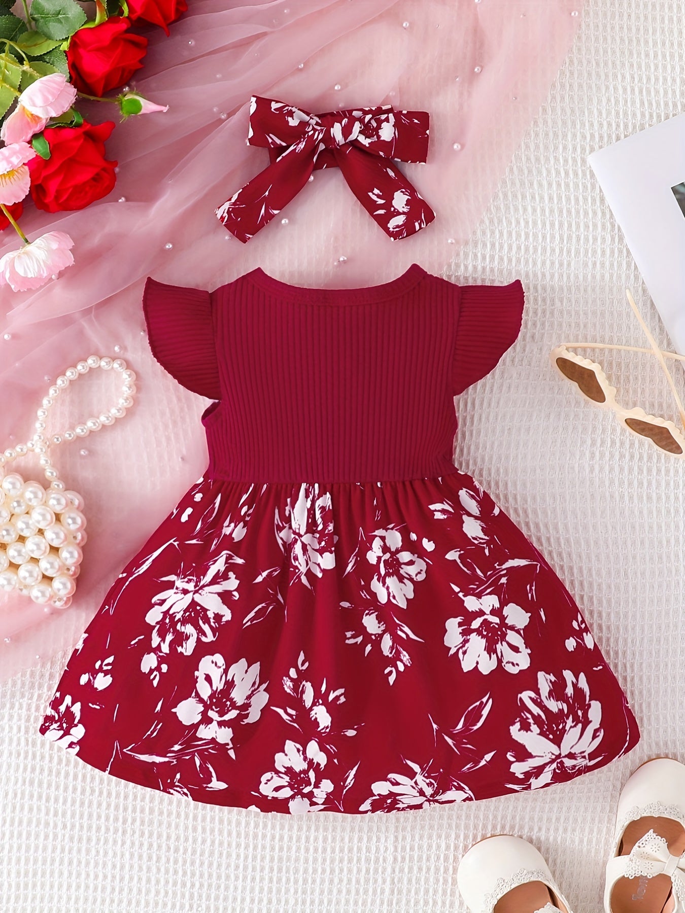 Baby Girls Casual Floral Print Dress & Headband Set