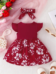 Baby Girls Casual Floral Print Dress & Headband Set