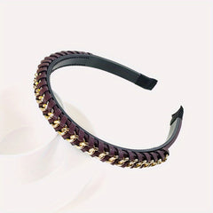 Vintage PU Leather Headband Chain Braided Hair Band Metal Head Hoop