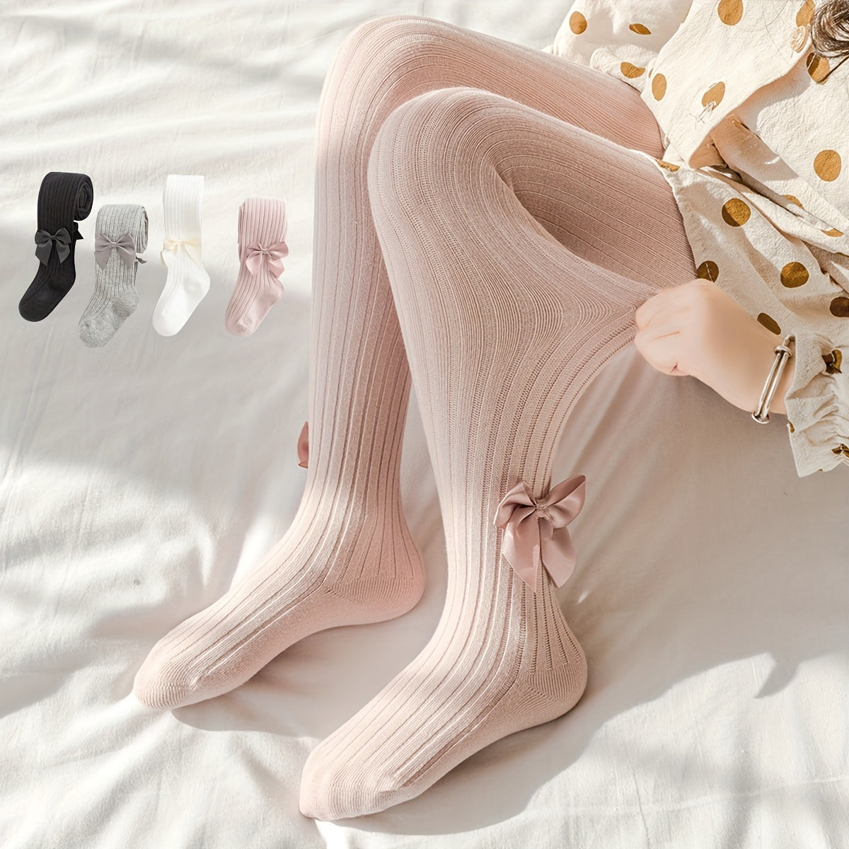 Girls Bow Decor Solid Pantyhose for Spring/Autumn