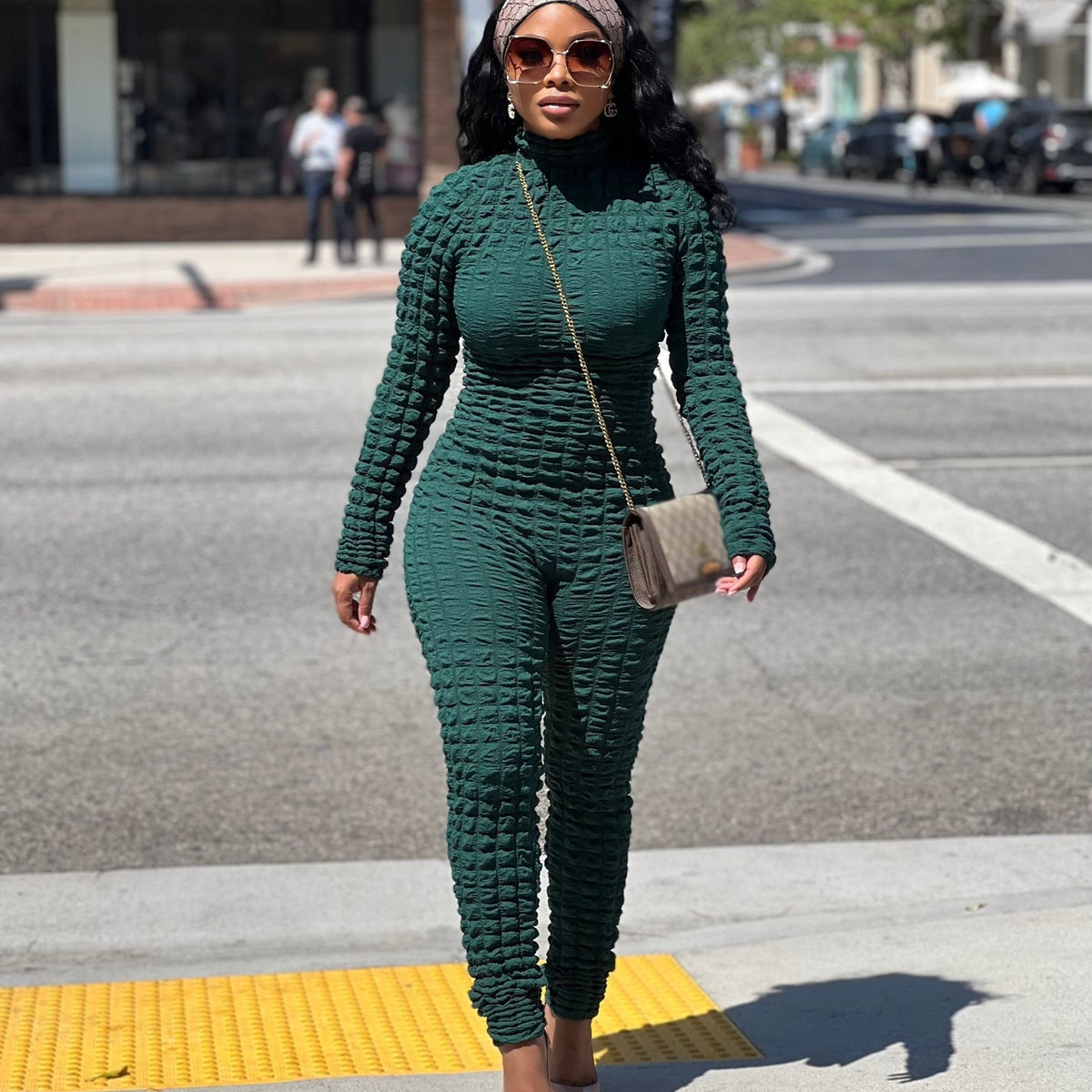 Popcorn Zipper Jumpsuit Solid Sexy Long Sleeve Women's Clothing