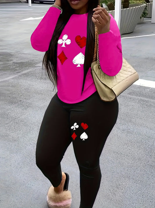 Women's Plus Poker Print Long Sleeve Round Neck Top & Leggings Set