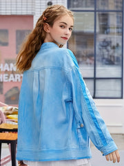 Cherry Embroidered Denim Jacket Oversized Casual Long Sleeve