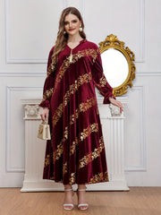  Golden Floral Print Flounce Sleeve Abaya Dress