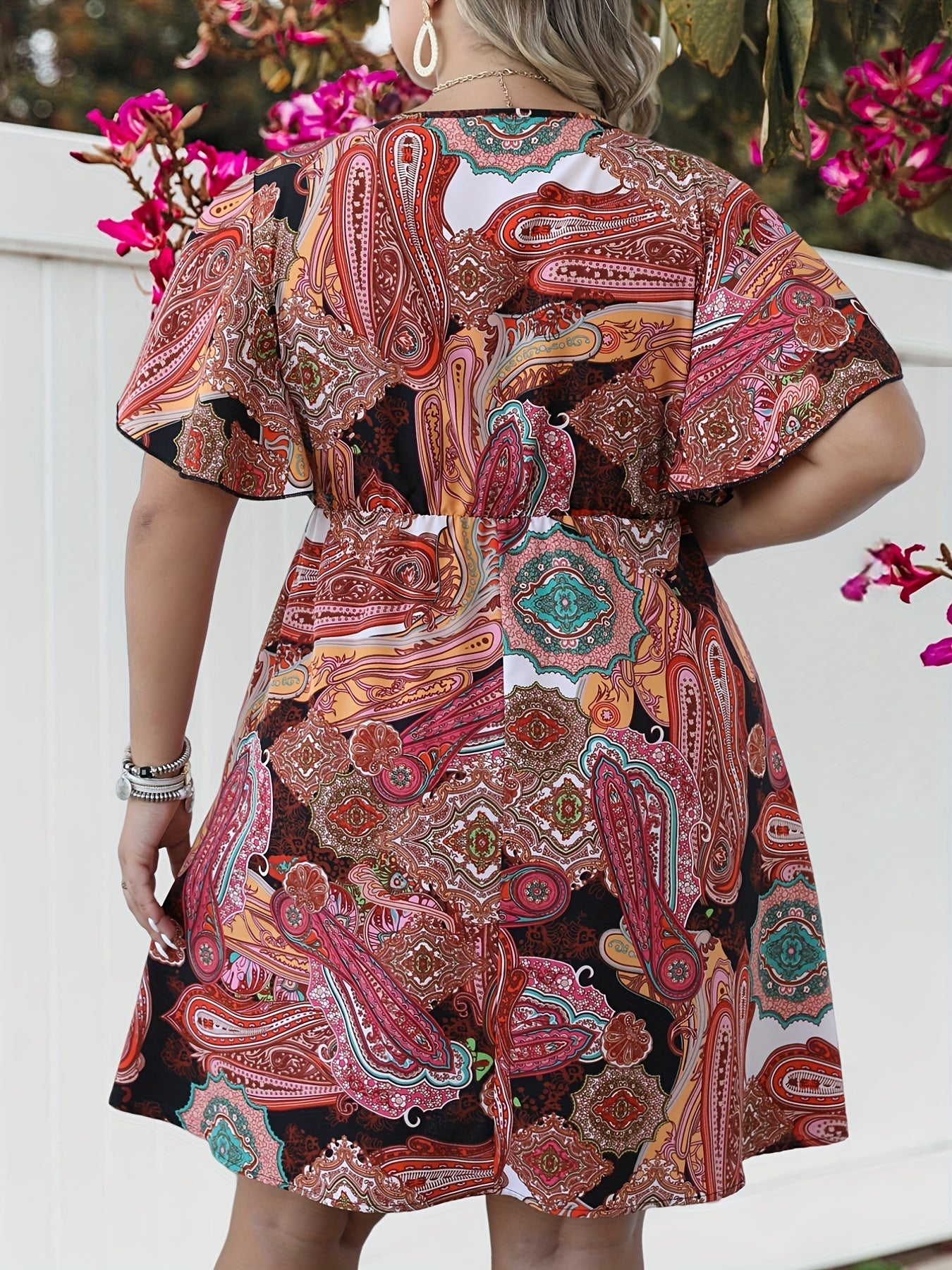  Boho Dress Women's Plus Paisley Print Flutter Sleeve Mini Dress