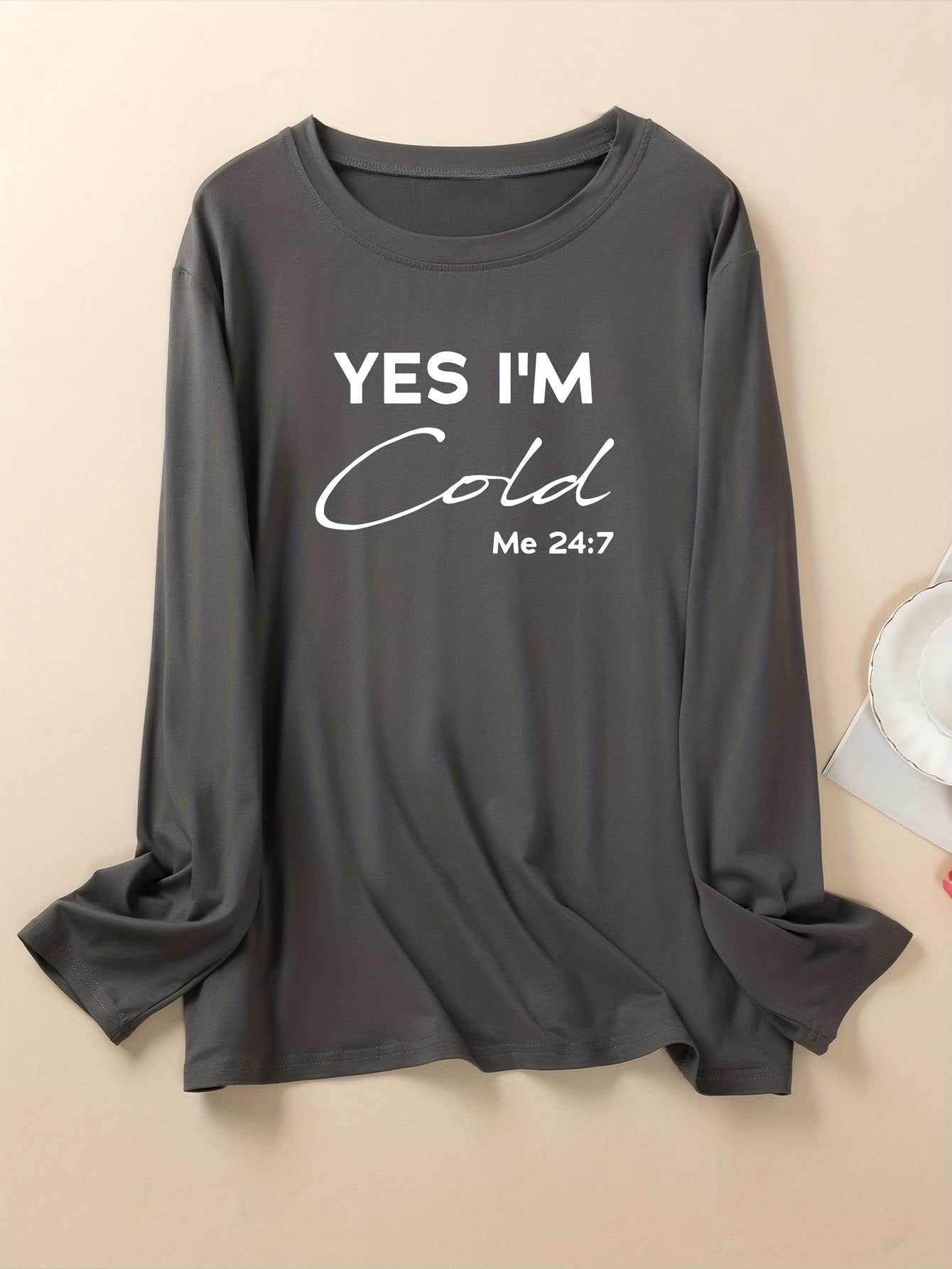  Slogan Print Long Sleeve Round Neck Loungewear Top