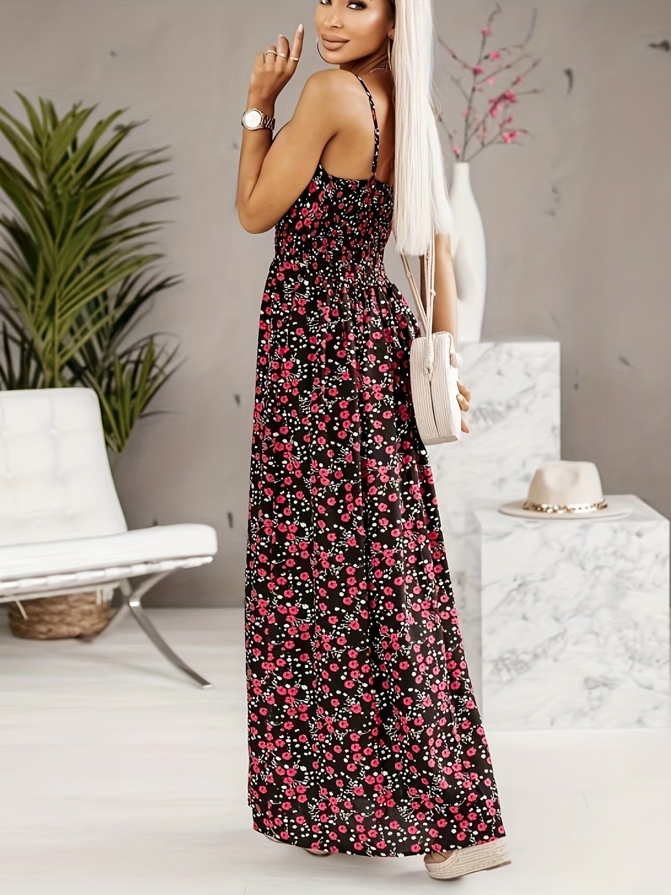 Floral Print Shirred Waist Cami Dress Boho V neck Backless Spaghetti Dress