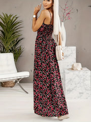 Floral Print Shirred Waist Cami Dress Boho V neck Backless Spaghetti Dress