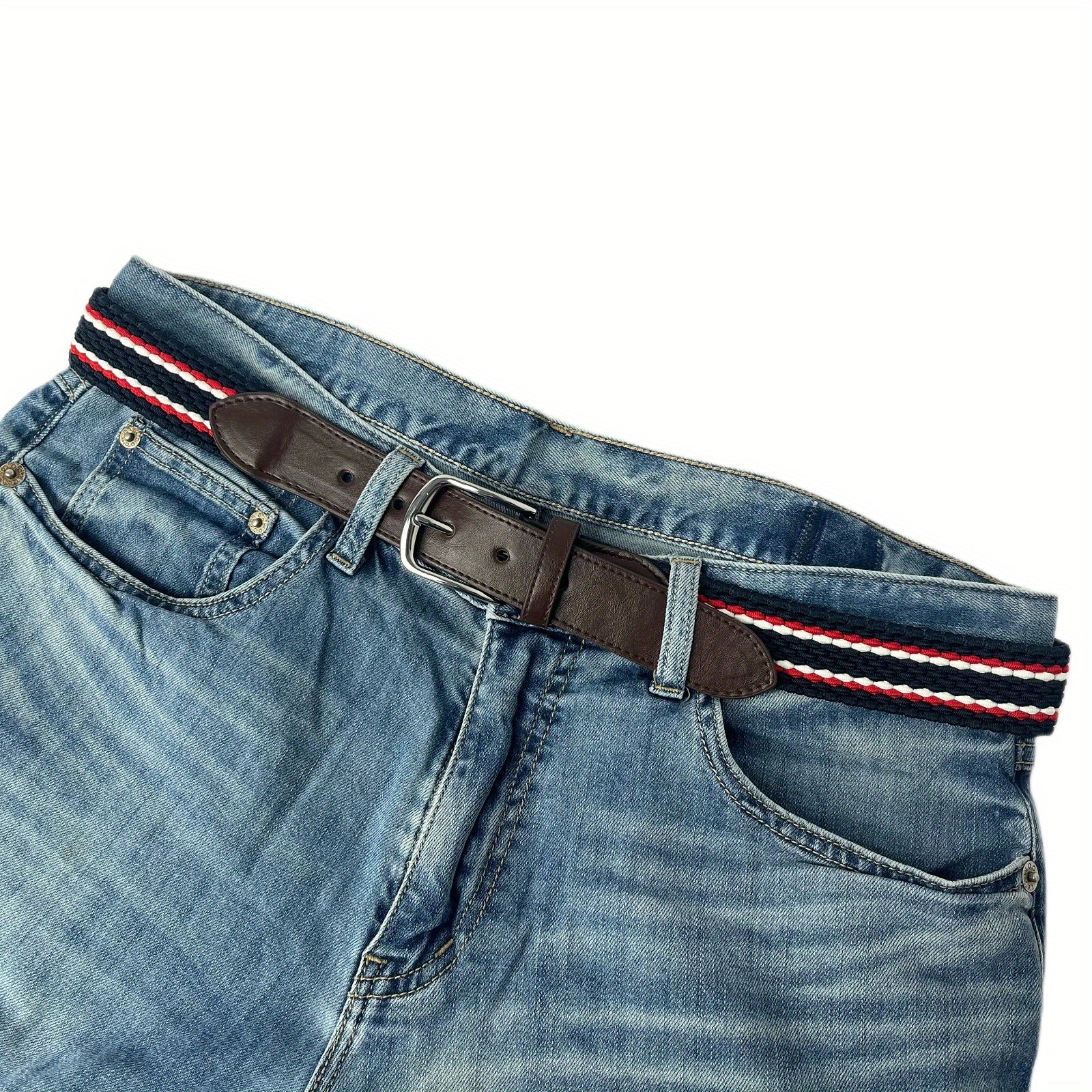 Men's Braid Stretch Belt Pin Buckle Casual Elastic Belt for Jeans