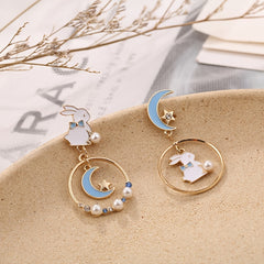 Rabbit Star Moon Earrings Bunny Faux Pearl Crystal Drop Earring