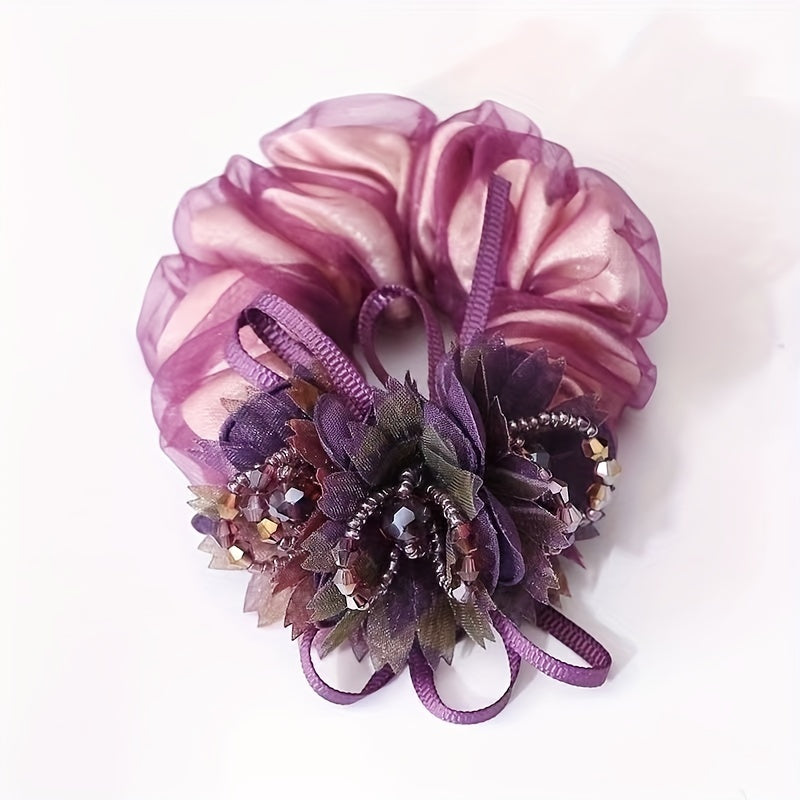 Vintage Beaded Flower Hair Tie Organza Hair Rope Elastic Ponytail Holder