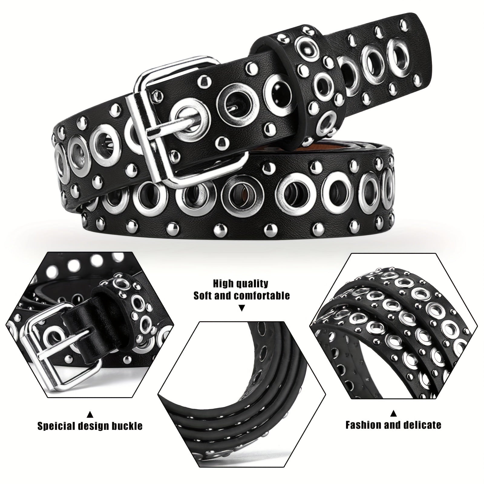 Punk Style Rivet Belt Hollow Air Eye Belt for Men and Women