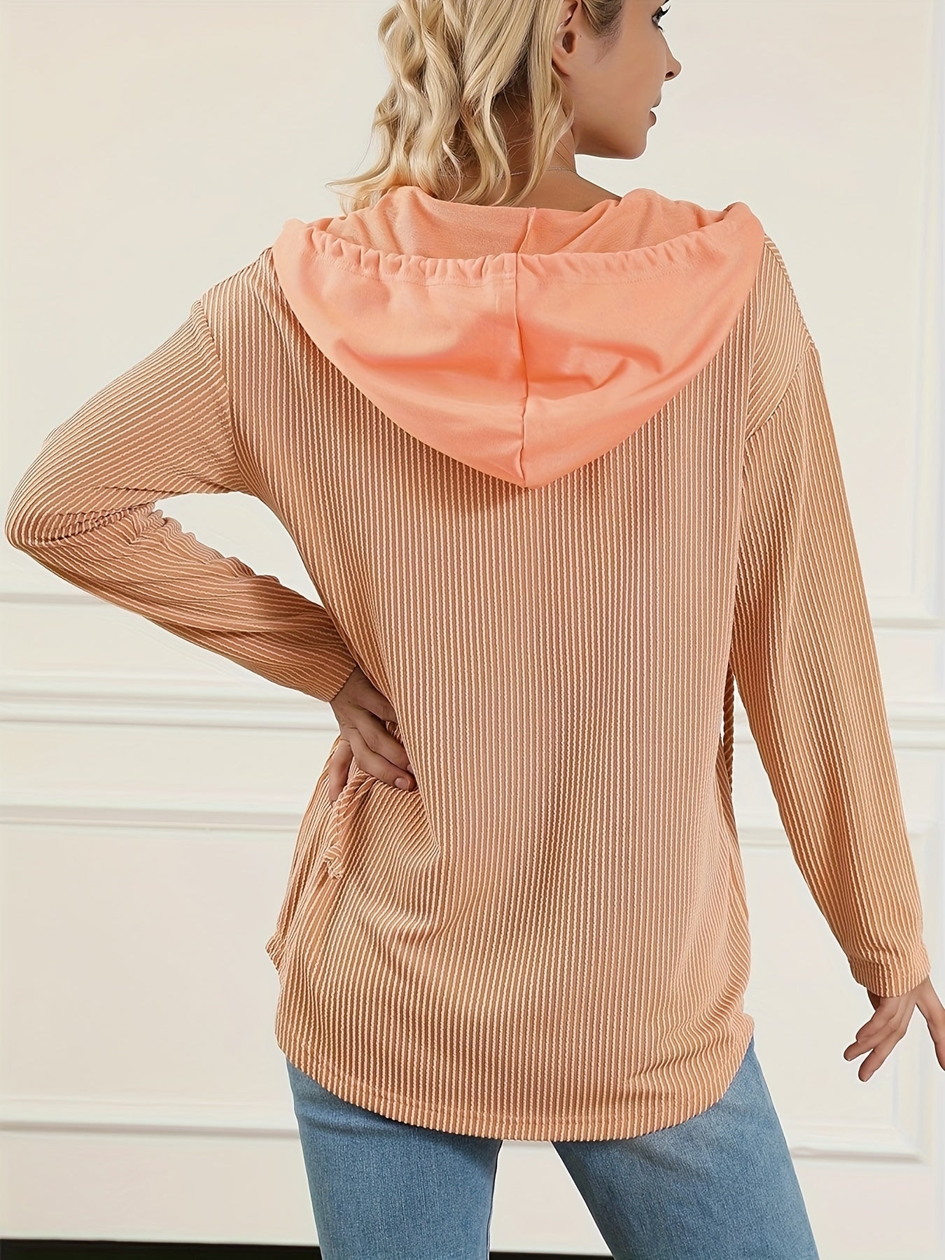 Striped Button Hooded Jacket With Rope Drawstring Decor