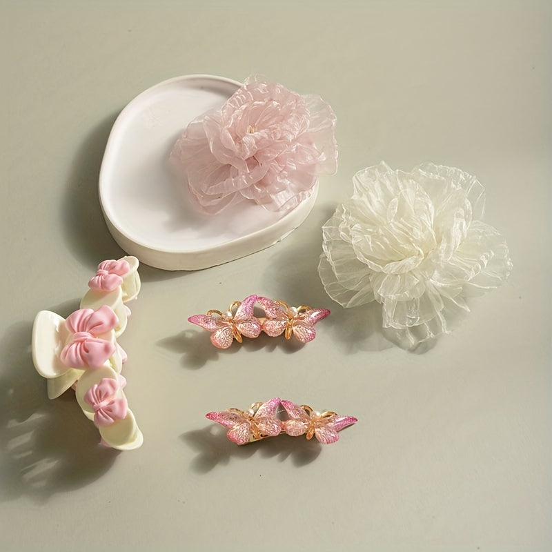 5pcs Sweet Hair Accessories Set Organza Flower Hair Clip Butterfly Shaped Duck