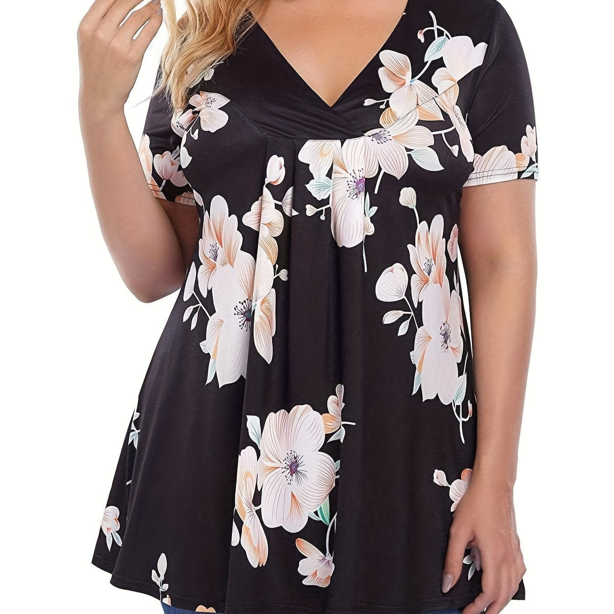  Floral Print V Neck Blouse