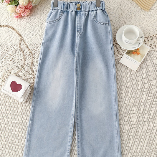 Girls Light Washed Casual Jeans Straight Leg Elastic Waist Denim Pants