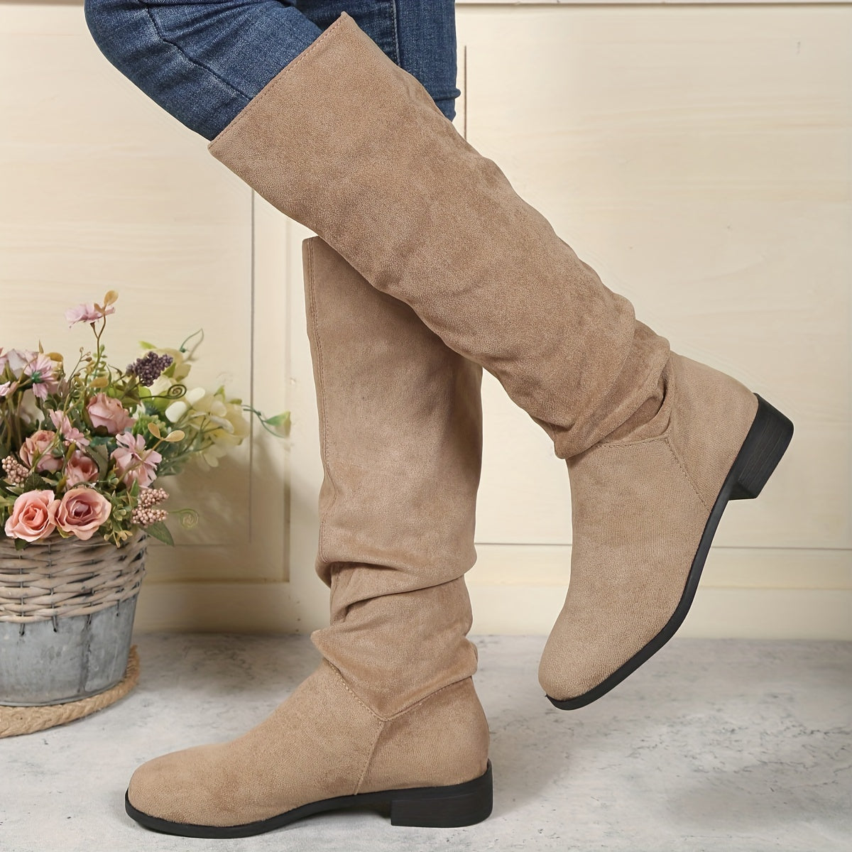 Women's Slouch Knee High Boots Round Toe Pull On Micro Suede Boots