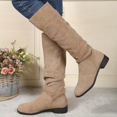 Women's Slouch Knee High Boots Round Toe Pull On Micro Suede Boots