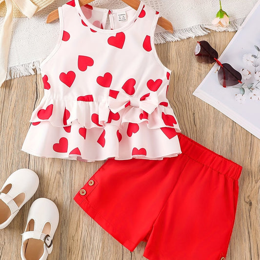 2pcs Toddler Girls Heart Graphic Peplum Tank Top & Button Shorts Set