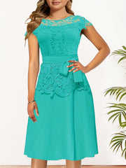Lace Contrast Cap Sleeve A Line Dress With Belted
