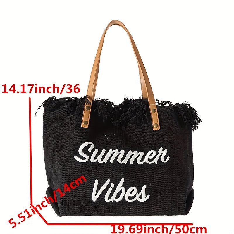 Fringe Trim Canvas Tote Bag Letter Embroidered Shoulder Bag