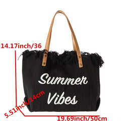 Fringe Trim Canvas Tote Bag Letter Embroidered Shoulder Bag
